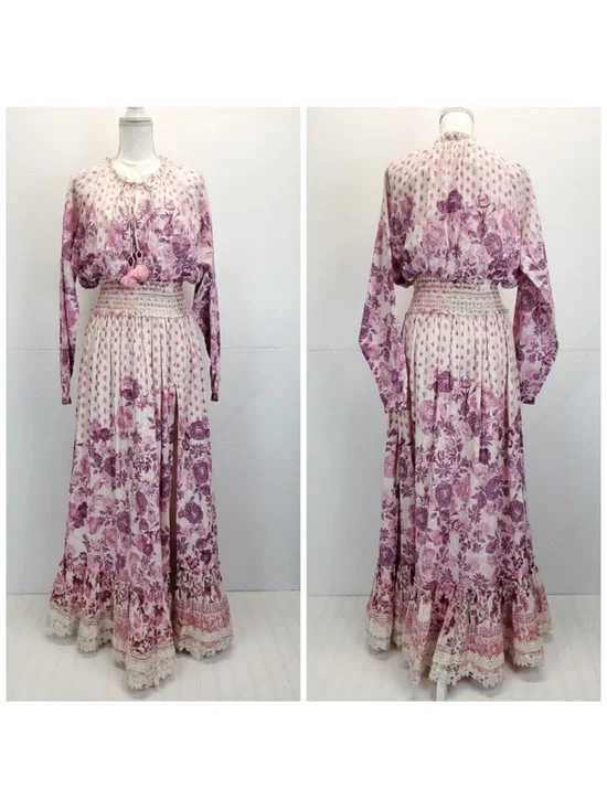 HEMANT & NANDITA Suki Maxi Dress Pink Floral Lace Boho Romantic Cottagecore S - Picture 9 of 13